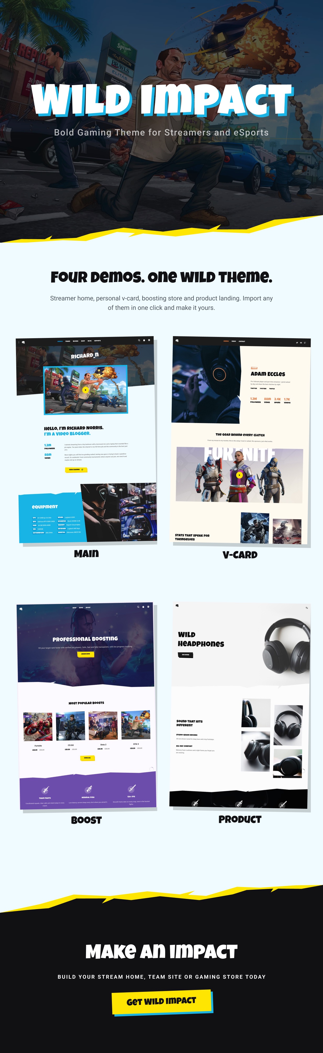 Wild Impact is a bold WordPress theme for streamers, esports teams and gaming stores